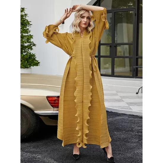 Original Loose Long Sleeves Tied Pleated Falbala Solid Color V-Neck Maxi Dresses Original Loose Long Sleeves Tied Pleated Falbala Solid Color V-Neck Maxi Dresses