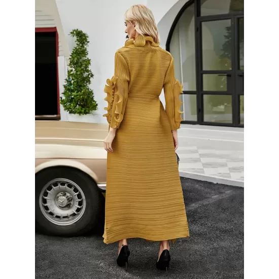 Original Loose Long Sleeves Tied Pleated Falbala Solid Color V-Neck Maxi Dresses Original Loose Long Sleeves Tied Pleated Falbala Solid Color V-Neck Maxi Dresses