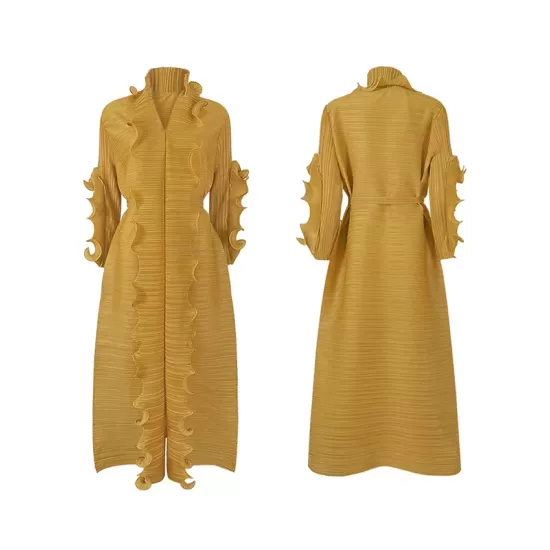 Original Loose Long Sleeves Tied Pleated Falbala Solid Color V-Neck Maxi Dresses Original Loose Long Sleeves Tied Pleated Falbala Solid Color V-Neck Maxi Dresses