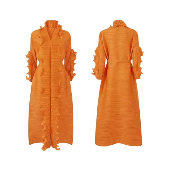 Original Loose Long Sleeves Tied Pleated Falbala Solid Color V-Neck Maxi Dresses Original Loose Long Sleeves Tied Pleated Falbala Solid Color V-Neck Maxi Dresses