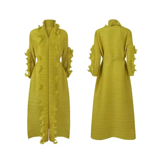 Original Loose Long Sleeves Tied Pleated Falbala Solid Color V-Neck Maxi Dresses Original Loose Long Sleeves Tied Pleated Falbala Solid Color V-Neck Maxi Dresses