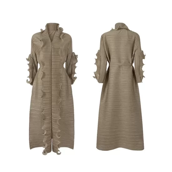 Original Loose Long Sleeves Tied Pleated Falbala Solid Color V-Neck Maxi Dresses Original Loose Long Sleeves Tied Pleated Falbala Solid Color V-Neck Maxi Dresses