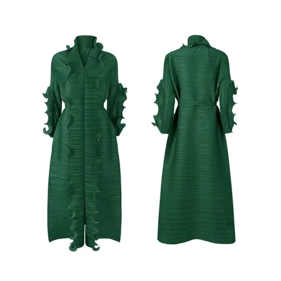 Original Loose Long Sleeves Tied Pleated Falbala Solid Color V-Neck Maxi Dresses Original Loose Long Sleeves Tied Pleated Falbala Solid Color V-Neck Maxi Dresses