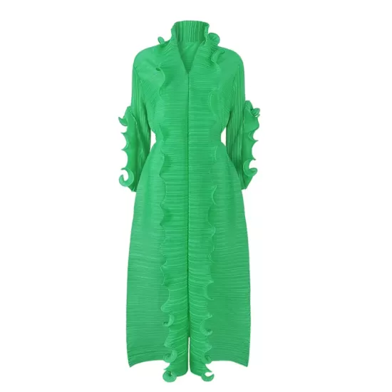 Original Loose Long Sleeves Tied Pleated Falbala Solid Color V-Neck Maxi Dresses Original Loose Long Sleeves Tied Pleated Falbala Solid Color V-Neck Maxi Dresses