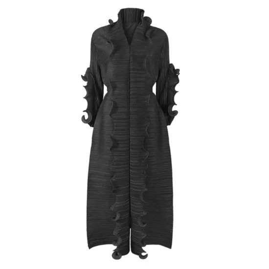 Original Loose Long Sleeves Tied Pleated Falbala Solid Color V-Neck Maxi Dresses Original Loose Long Sleeves Tied Pleated Falbala Solid Color V-Neck Maxi Dresses