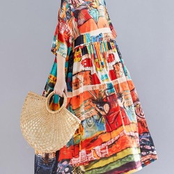Loose Short Sleeves Floral Printed Round-Neck Midi Dresses