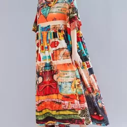 Loose Short Sleeves Floral Printed Round-Neck Midi Dresses