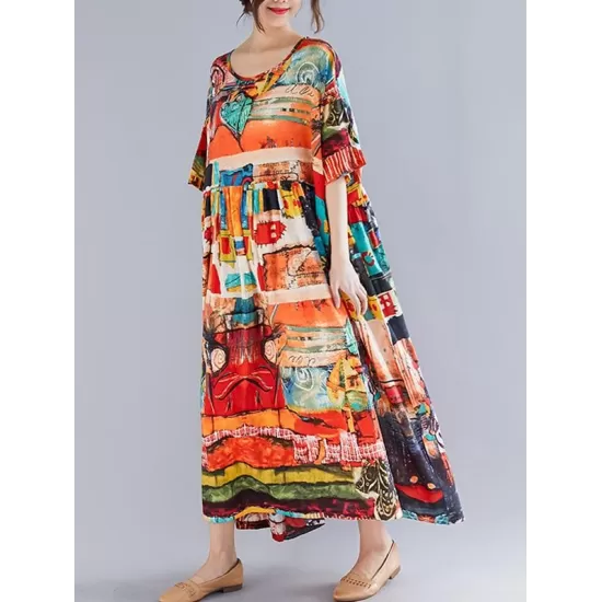 Loose Short Sleeves Floral Printed Round-Neck Midi Dresses Loose Short Sleeves Floral Printed Round-Neck Midi Dresses