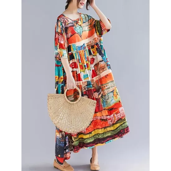Loose Short Sleeves Floral Printed Round-Neck Midi Dresses Loose Short Sleeves Floral Printed Round-Neck Midi Dresses