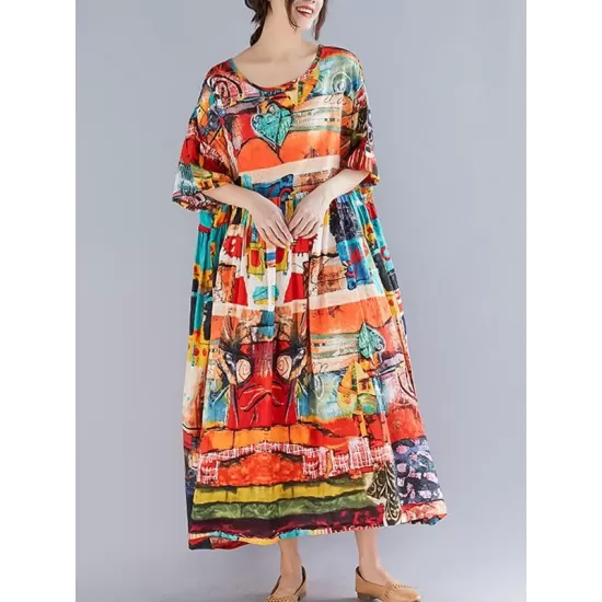 Loose Short Sleeves Floral Printed Round-Neck Midi Dresses Loose Short Sleeves Floral Printed Round-Neck Midi Dresses
