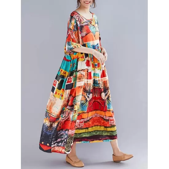 Loose Short Sleeves Floral Printed Round-Neck Midi Dresses Loose Short Sleeves Floral Printed Round-Neck Midi Dresses