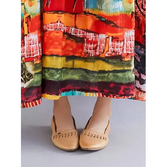 Loose Short Sleeves Floral Printed Round-Neck Midi Dresses Loose Short Sleeves Floral Printed Round-Neck Midi Dresses
