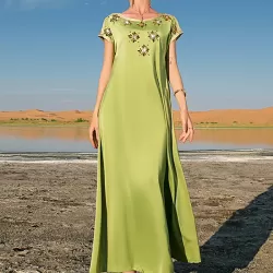 Vintage Loose Solid Color Round-Neck Midi Dress