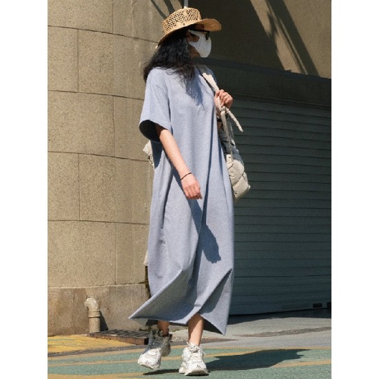 Casual Short Sleeves Solid Color Round-Neck Maxi Dress Casual Short Sleeves Solid Color Round-Neck Maxi Dress
