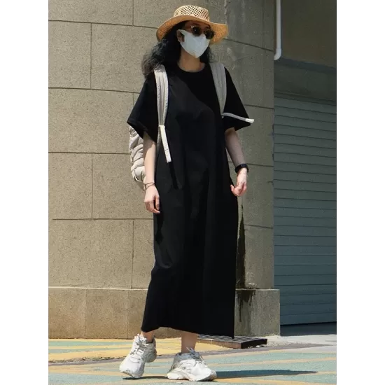 Casual Short Sleeves Solid Color Round-Neck Maxi Dress Casual Short Sleeves Solid Color Round-Neck Maxi Dress