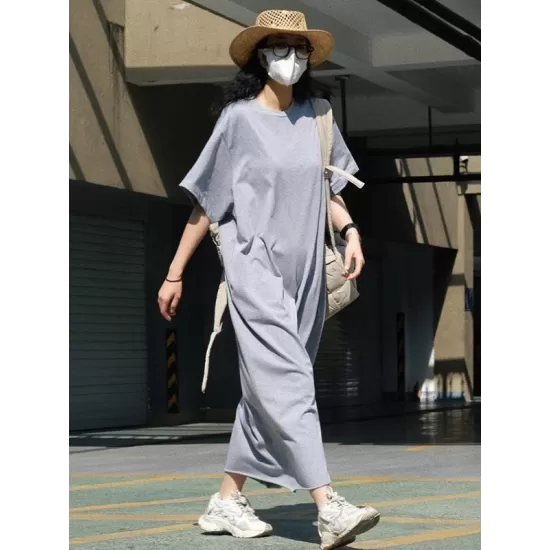 Casual Short Sleeves Solid Color Round-Neck Maxi Dress Casual Short Sleeves Solid Color Round-Neck Maxi Dress