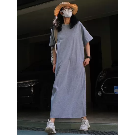 Casual Short Sleeves Solid Color Round-Neck Maxi Dress Casual Short Sleeves Solid Color Round-Neck Maxi Dress