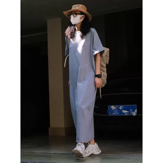 Casual Short Sleeves Solid Color Round-Neck Maxi Dress Casual Short Sleeves Solid Color Round-Neck Maxi Dress