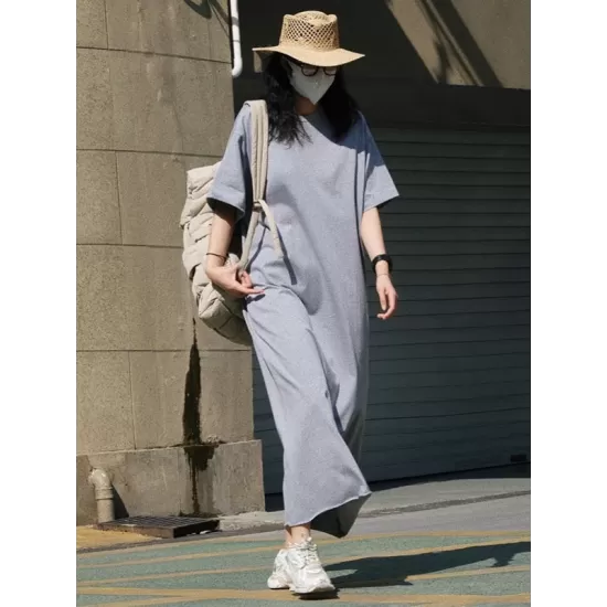 Casual Short Sleeves Solid Color Round-Neck Maxi Dress Casual Short Sleeves Solid Color Round-Neck Maxi Dress