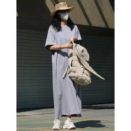 Casual Short Sleeves Solid Color Round-Neck Maxi Dress Casual Short Sleeves Solid Color Round-Neck Maxi Dress