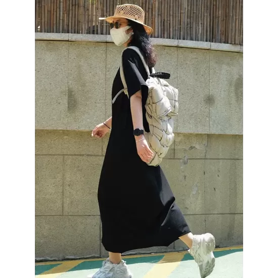 Casual Short Sleeves Solid Color Round-Neck Maxi Dress Casual Short Sleeves Solid Color Round-Neck Maxi Dress