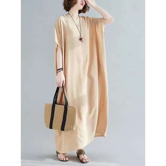 9 Colors Loose Solid Color V-Neck Maxi Dress 9 Colors Loose Solid Color V-Neck Maxi Dress