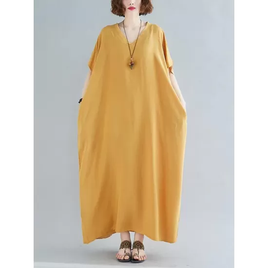 9 Colors Loose Solid Color V-Neck Maxi Dress 9 Colors Loose Solid Color V-Neck Maxi Dress