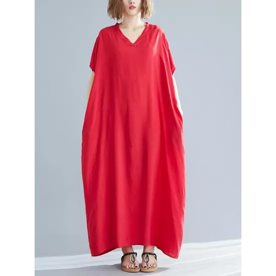 9 Colors Loose Solid Color V-Neck Maxi Dress 9 Colors Loose Solid Color V-Neck Maxi Dress