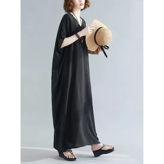 9 Colors Loose Solid Color V-Neck Maxi Dress 9 Colors Loose Solid Color V-Neck Maxi Dress