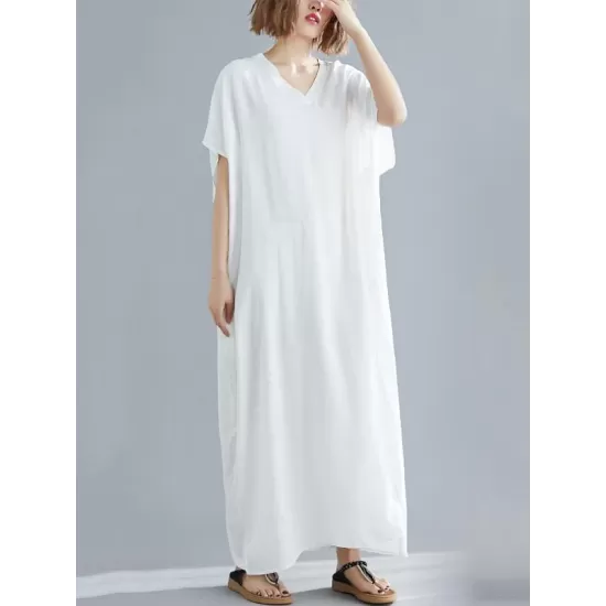 9 Colors Loose Solid Color V-Neck Maxi Dress 9 Colors Loose Solid Color V-Neck Maxi Dress