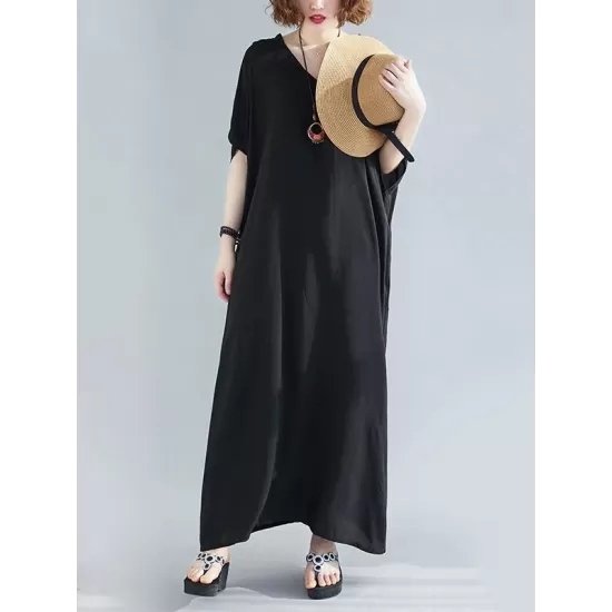 9 Colors Loose Solid Color V-Neck Maxi Dress 9 Colors Loose Solid Color V-Neck Maxi Dress