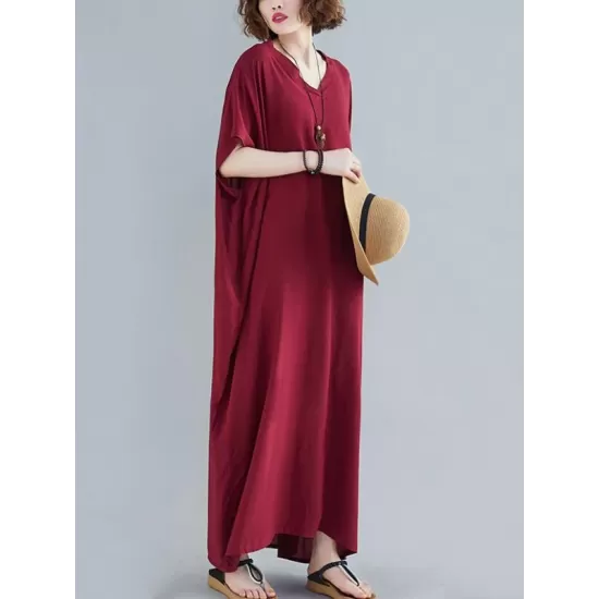 9 Colors Loose Solid Color V-Neck Maxi Dress 9 Colors Loose Solid Color V-Neck Maxi Dress