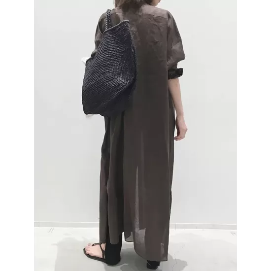 Vintage Gray Lapel Long Sleeves Maxi Dress Vintage Gray Lapel Long Sleeves Maxi Dress
