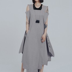 Casual Loose Sleeveless Irregular Gray Maxi Dress