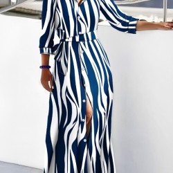 Buttoned Tied Waist Zebra Printed High Waisted Long Sleeves V-neck Shirt Dress Maxi Dresses