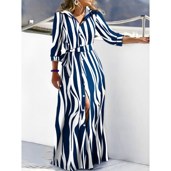 Buttoned Tied Waist Zebra Printed High Waisted Long Sleeves V-neck Shirt Dress Maxi Dresses Buttoned Tied Waist Zebra Printed High Waisted Long Sleeves V-neck Shirt Dress Maxi Dresses