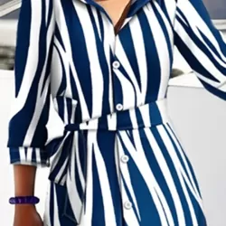 Buttoned Tied Waist Zebra Printed High Waisted Long Sleeves V-neck Shirt Dress Maxi Dresses