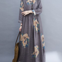 Casual Loose Pleated Flower Printed Round-Neck Long Sleeves Maxi Dress