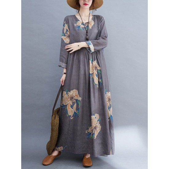 Casual Loose Pleated Flower Printed Round-Neck Long Sleeves Maxi Dress Casual Loose Pleated Flower Printed Round-Neck Long Sleeves Maxi Dress