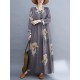 Casual Loose Pleated Flower Printed Round-Neck Long Sleeves Maxi Dress Casual Loose Pleated Flower Printed Round-Neck Long Sleeves Maxi Dress