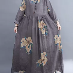 Casual Loose Pleated Flower Printed Round-Neck Long Sleeves Maxi Dress