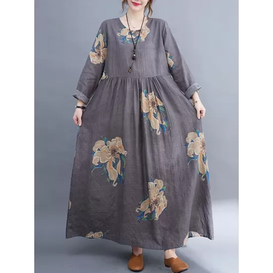 Casual Loose Pleated Flower Printed Round-Neck Long Sleeves Maxi Dress Casual Loose Pleated Flower Printed Round-Neck Long Sleeves Maxi Dress