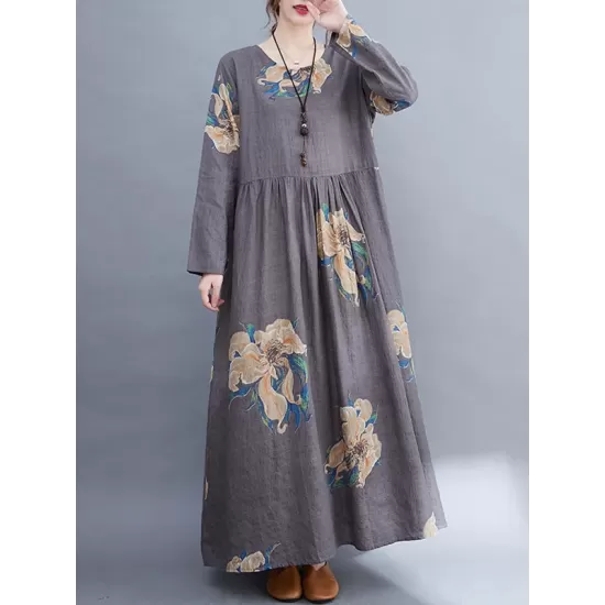 Casual Loose Pleated Flower Printed Round-Neck Long Sleeves Maxi Dress Casual Loose Pleated Flower Printed Round-Neck Long Sleeves Maxi Dress