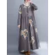 Casual Loose Pleated Flower Printed Round-Neck Long Sleeves Maxi Dress Casual Loose Pleated Flower Printed Round-Neck Long Sleeves Maxi Dress