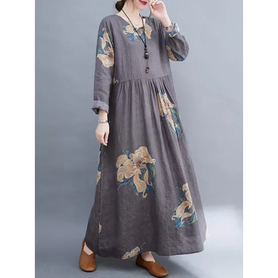 Casual Loose Pleated Flower Printed Round-Neck Long Sleeves Maxi Dress Casual Loose Pleated Flower Printed Round-Neck Long Sleeves Maxi Dress