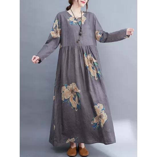 Casual Loose Pleated Flower Printed Round-Neck Long Sleeves Maxi Dress Casual Loose Pleated Flower Printed Round-Neck Long Sleeves Maxi Dress