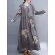 Casual Loose Pleated Flower Printed Round-Neck Long Sleeves Maxi Dress Casual Loose Pleated Flower Printed Round-Neck Long Sleeves Maxi Dress