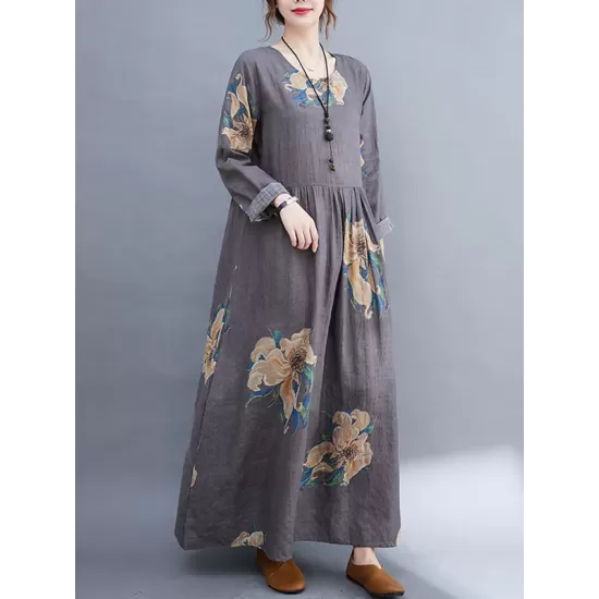 Casual Loose Pleated Flower Printed Round-Neck Long Sleeves Maxi Dress Casual Loose Pleated Flower Printed Round-Neck Long Sleeves Maxi Dress