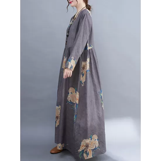 Casual Loose Pleated Flower Printed Round-Neck Long Sleeves Maxi Dress Casual Loose Pleated Flower Printed Round-Neck Long Sleeves Maxi Dress