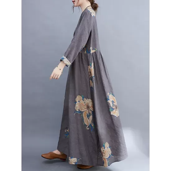 Casual Loose Pleated Flower Printed Round-Neck Long Sleeves Maxi Dress Casual Loose Pleated Flower Printed Round-Neck Long Sleeves Maxi Dress